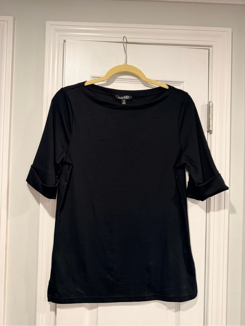 NWOT LRL Ralph Lauren Size L Black Top Cuffed Short Sleeve Stretch Classic Logo